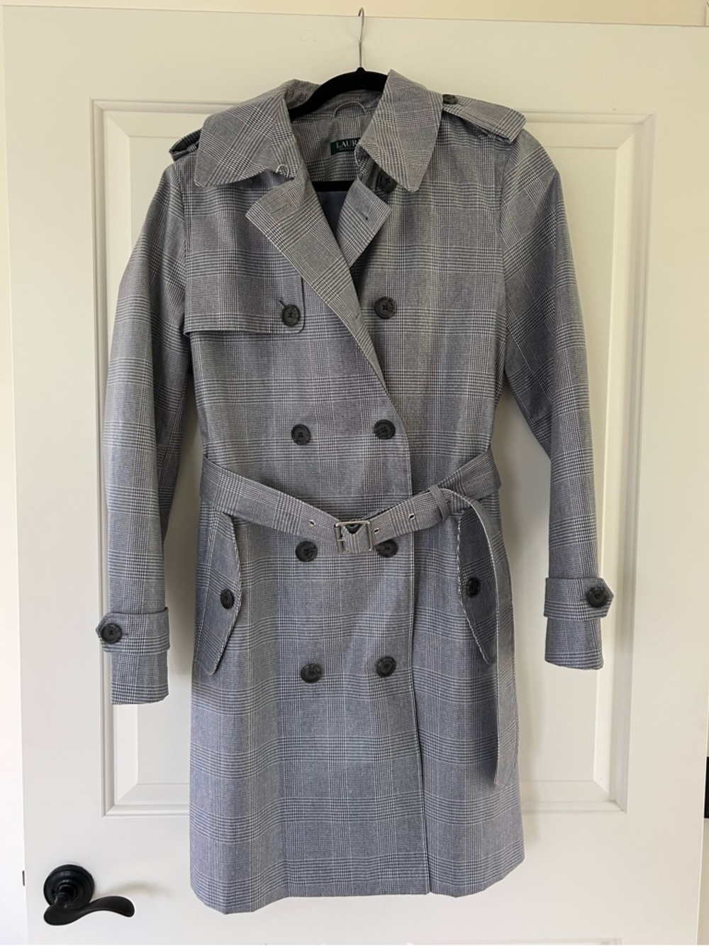 Ralph Lauren Gray Plaid Double-Breasted Trench Rain Coat